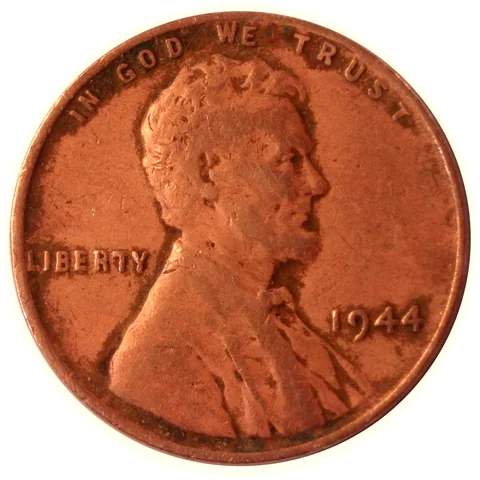 The obverse of a 1944 Lincoln wheat cent: Lincoln in profile, IN GOD WE TRUST above, LIBERTY and the date 1944 beside him.