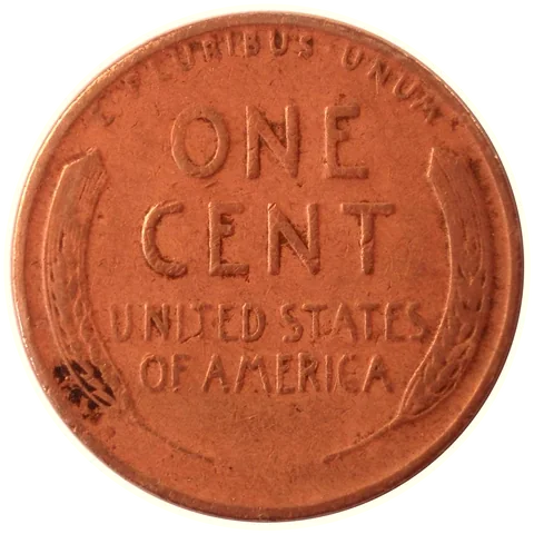 The reverse of a 1944 wheat cent: ONE CENT, UNITED STATES OF AMERICA, flanked by two ears of wheat.